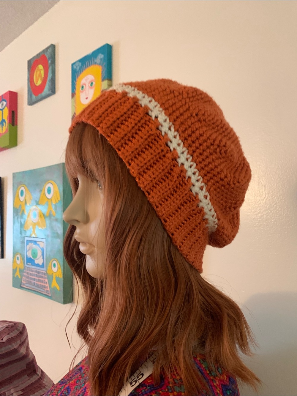 Cozy Orange Knit Slouch Beanie with Cream Accent